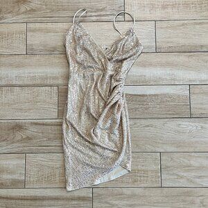Womens Double Crazy Gold Sequin Mini Dress - S